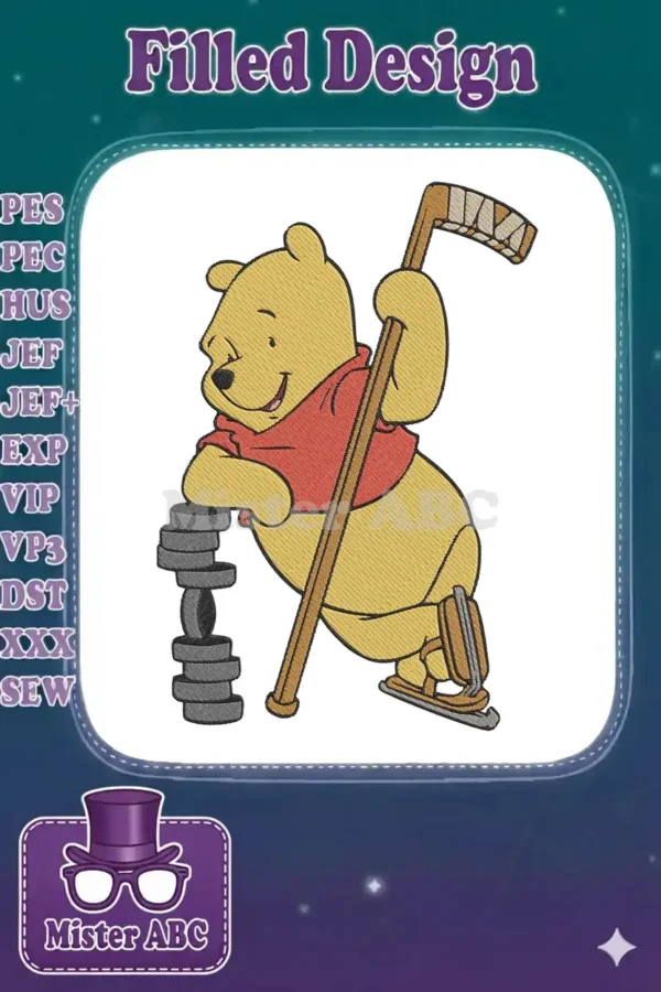 Winnie the Pooh embroidery design, wearing ice skates, holding a hockey stick, leaning on pucks.