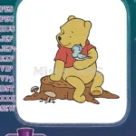 Winnie the Pooh Bear with Blue Bird on Stump Embroidery Designs - Instant Download