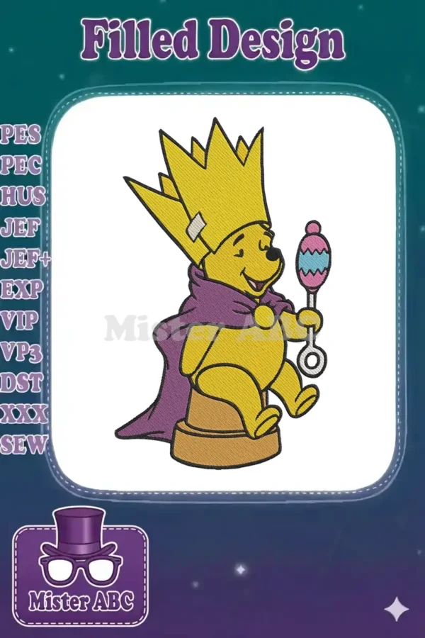 Embroidered King Pooh design, featuring Winnie the Pooh in a golden crown and purple cape, holding a rattle.