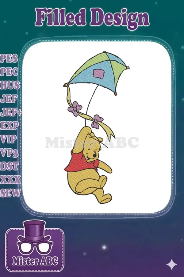 Delightful Winnie the Pooh embroidery design, showing him playfully hanging from a colorful, multi-panel kite.