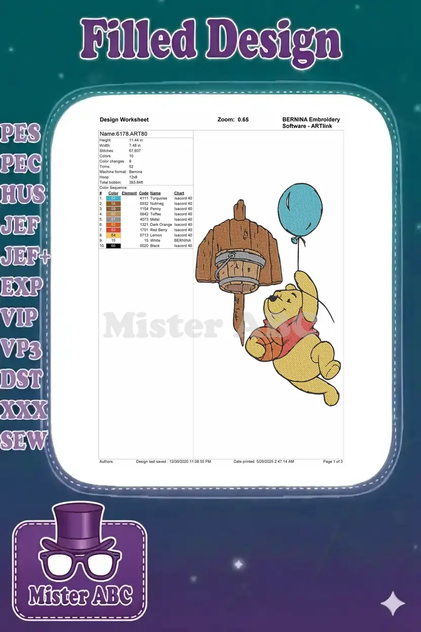 Embroidery design worksheet for Winnie the Pooh, showing dimensions, stitch count, color details, and hoop size.