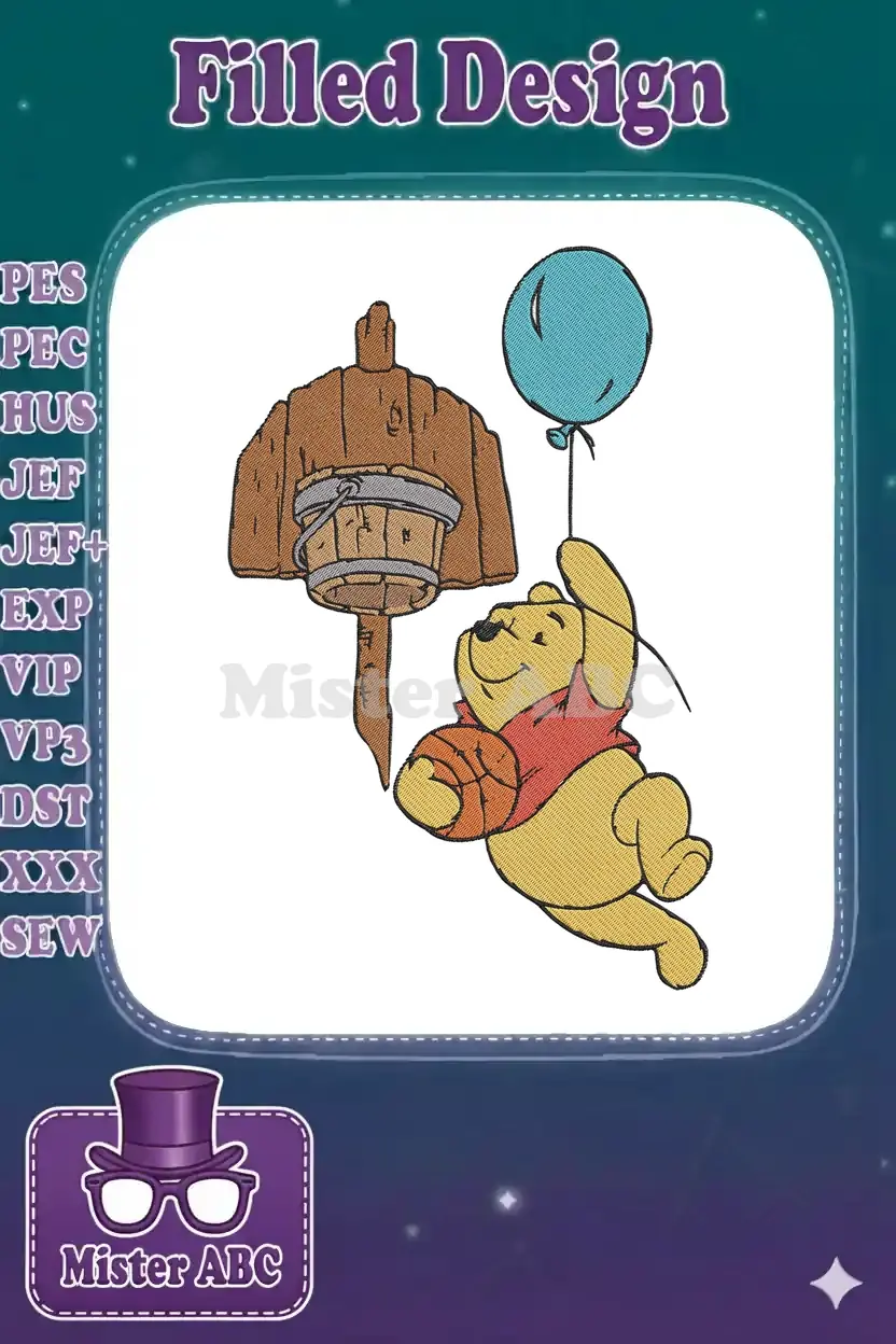 Winnie the Pooh embroidery design, flying cheerfully with a blue balloon and a wooden honey pot basket.