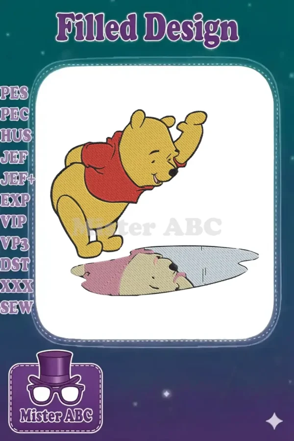 Winnie the Pooh embroidery design, featuring the beloved bear observing his sweet reflection in a honey-like puddle.