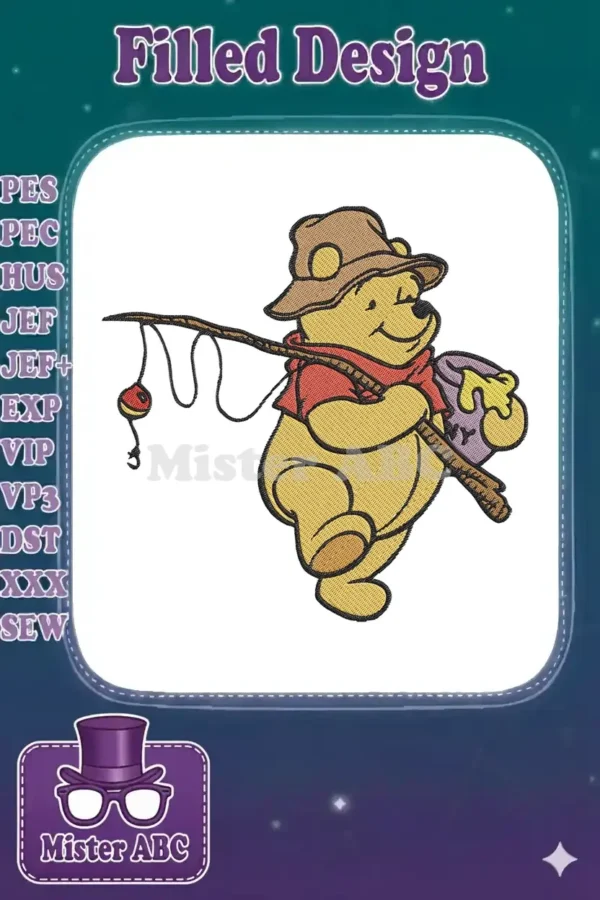 Detailed embroidery design of Winnie the Pooh, wearing a hat, holding a fishing rod and a honey pot, on a white background.