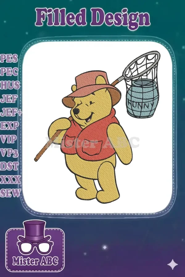 Winnie the Pooh embroidery design, wearing a hat and vest, holding a net with a 'HUNNY' pot. Cheerful and detailed.