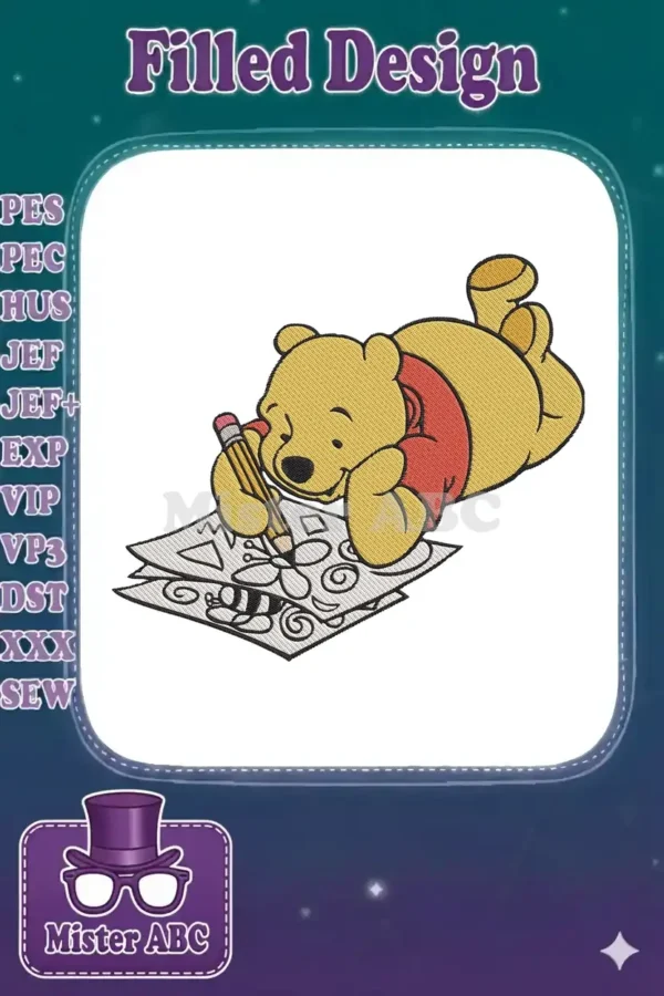 Winnie the Pooh lying down, smiling, and drawing on paper with a pencil, showcasing a detailed embroidery design.