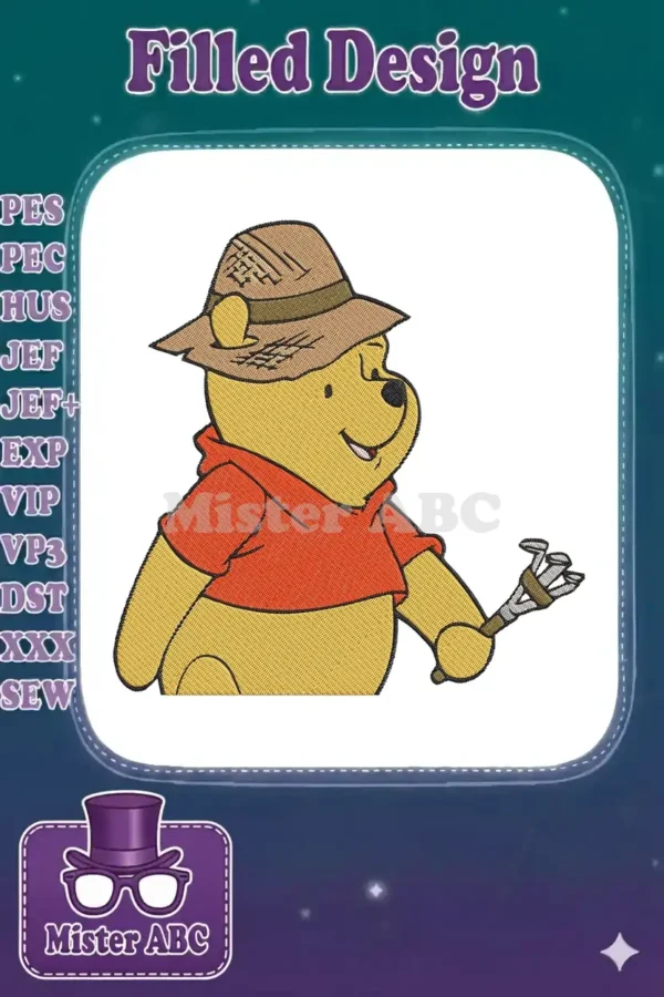 Winnie the Pooh embroidery design, wearing a safari hat and orange shirt, holding golf clubs, ready for adventure.