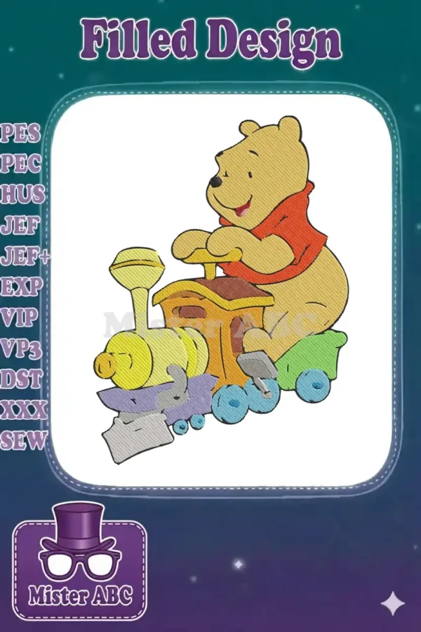 Winnie the Pooh embroidery design, cheerful bear in a red shirt riding a colorful toy train, white background.