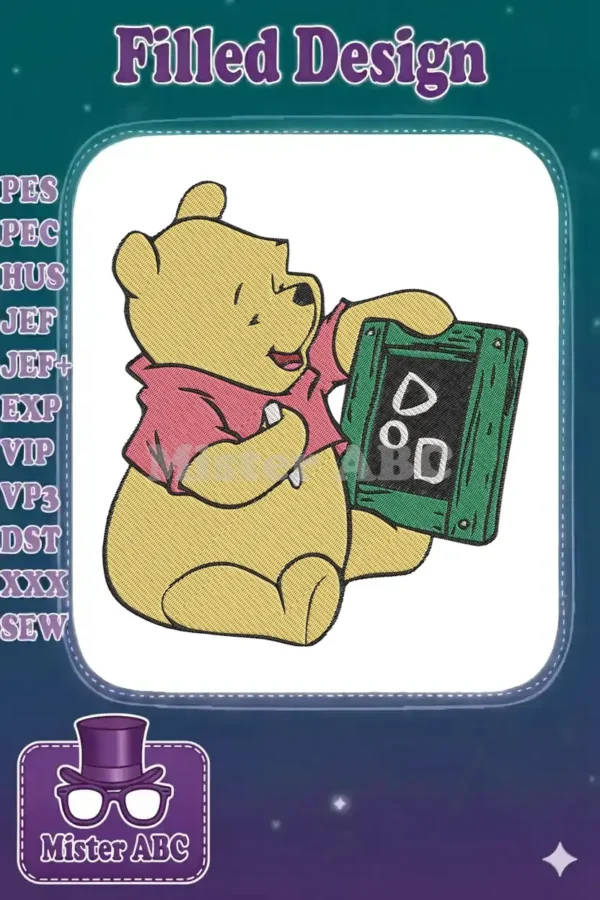 Winnie the Pooh embroidery design, featuring Pooh Bear holding a green chalkboard, smiling. Classic character art.