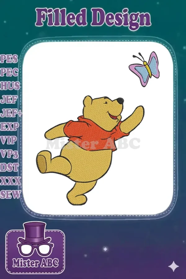 Winnie the Pooh, with a warm smile, reaching playfully for a vibrant pink and blue butterfly across a white background.