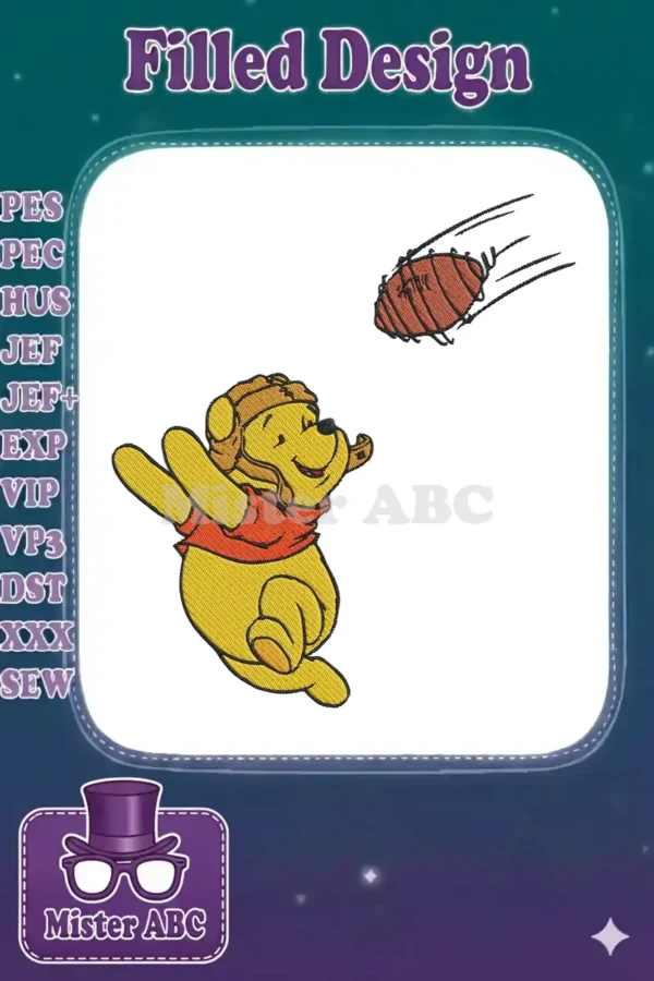 Winnie the Pooh embroidery design, Pooh Bear in a pilot hat reaching for a football, vibrant yellow and red colors.