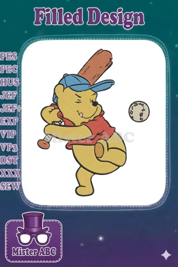 Winnie the Pooh ready to bat in a blue cap & red shirt, a playful baseball embroidery design with precise stitching.