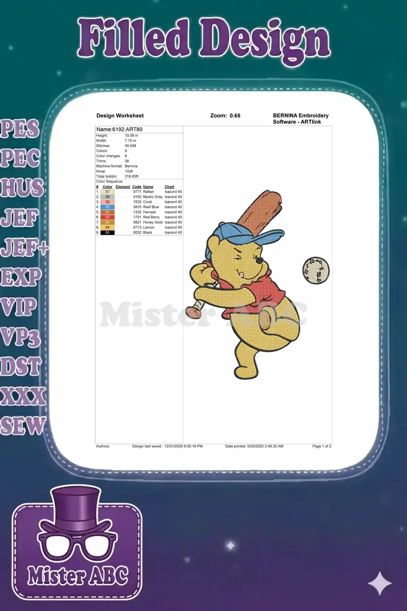 Embroidery design worksheet for Winnie the Pooh baseball, showing dimensions, stitch count, and color chart.