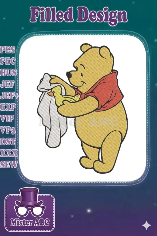Full-color embroidered Winnie the Pooh design featuring Pooh Bear holding a yellow rubber duck and a white blanket.