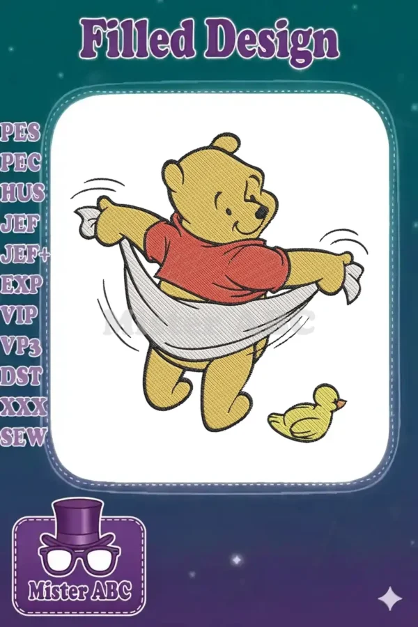 Playful Winnie the Pooh embroidery design, happily holding a white cloth with a cute yellow duck nearby.