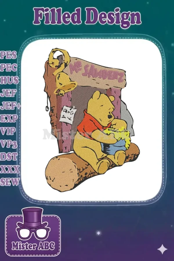 Winnie the Pooh embroidery design, showing Pooh hugging Piglet in front of his iconic 'MR. SANDERZ' house.