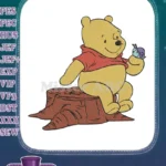 Winnie the Pooh sitting on tree stump holding snail embroidery designs - Instant Download