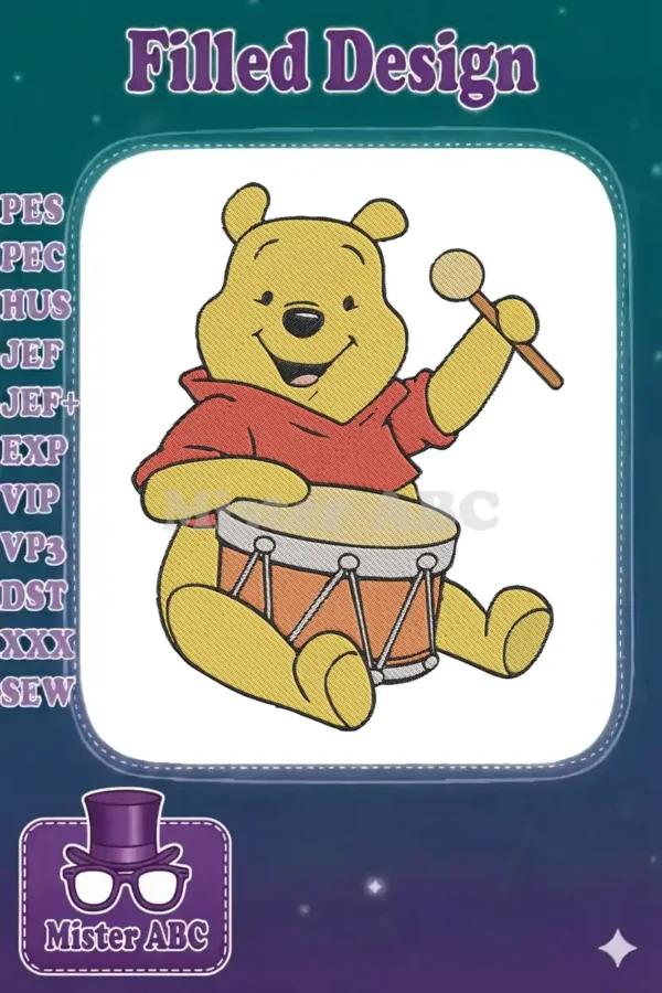 Full-color embroidery design of Winnie the Pooh joyfully playing a drum, ready to brighten any textile project.