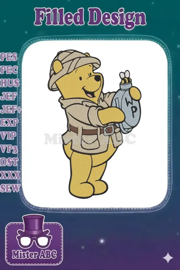 Winnie the Pooh embroidery design, dressed in a safari hat and jacket, holding a canteen with a bee.
