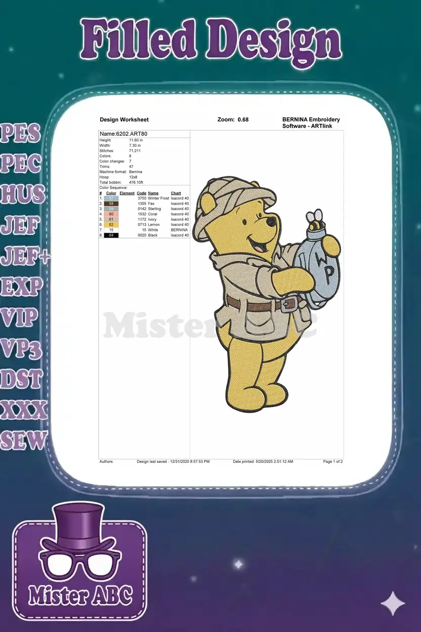 Embroidery design worksheet for Winnie the Pooh safari, showing dimensions, stitch count, and color chart.