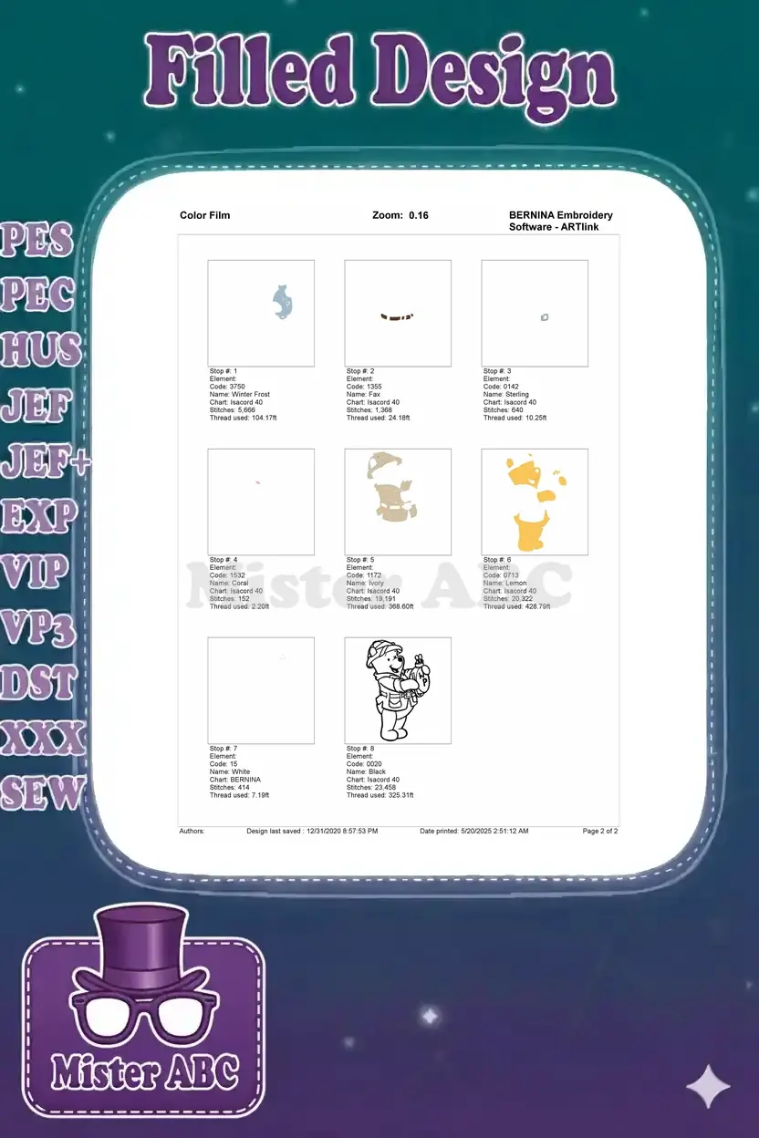 Color film breakdown for Winnie the Pooh safari embroidery, showing individual stitch stops and thread usage.