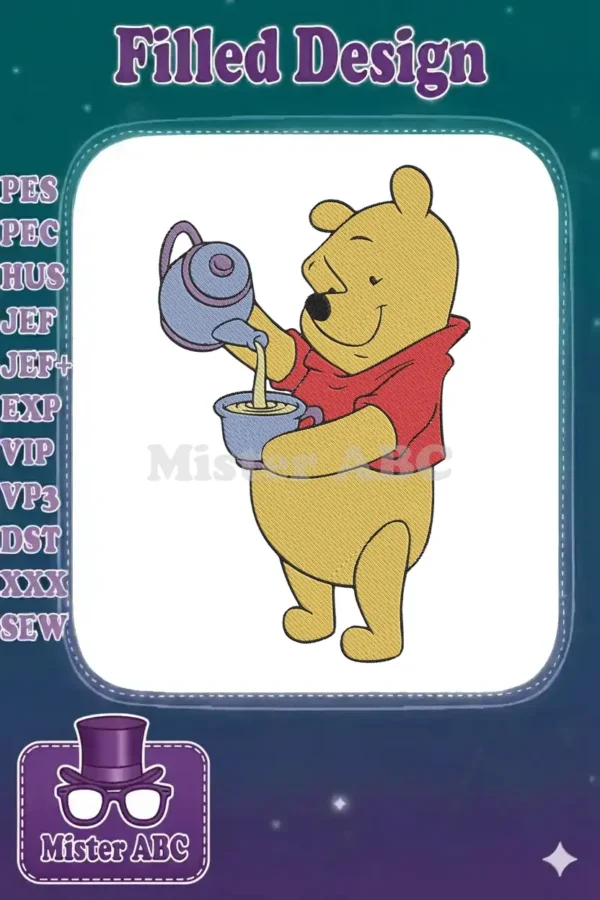 Delightful Winnie the Pooh embroidery design, cheerfully pouring golden honey from a pot into a cup.