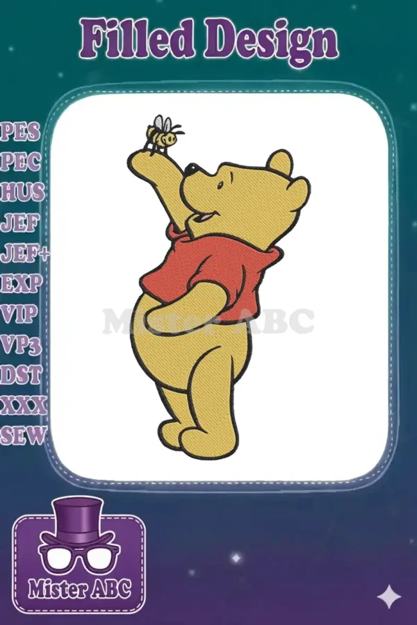 Winnie the Pooh embroidery design with a bee, detailed stitching, vibrant yellow and red colors, playful pose.