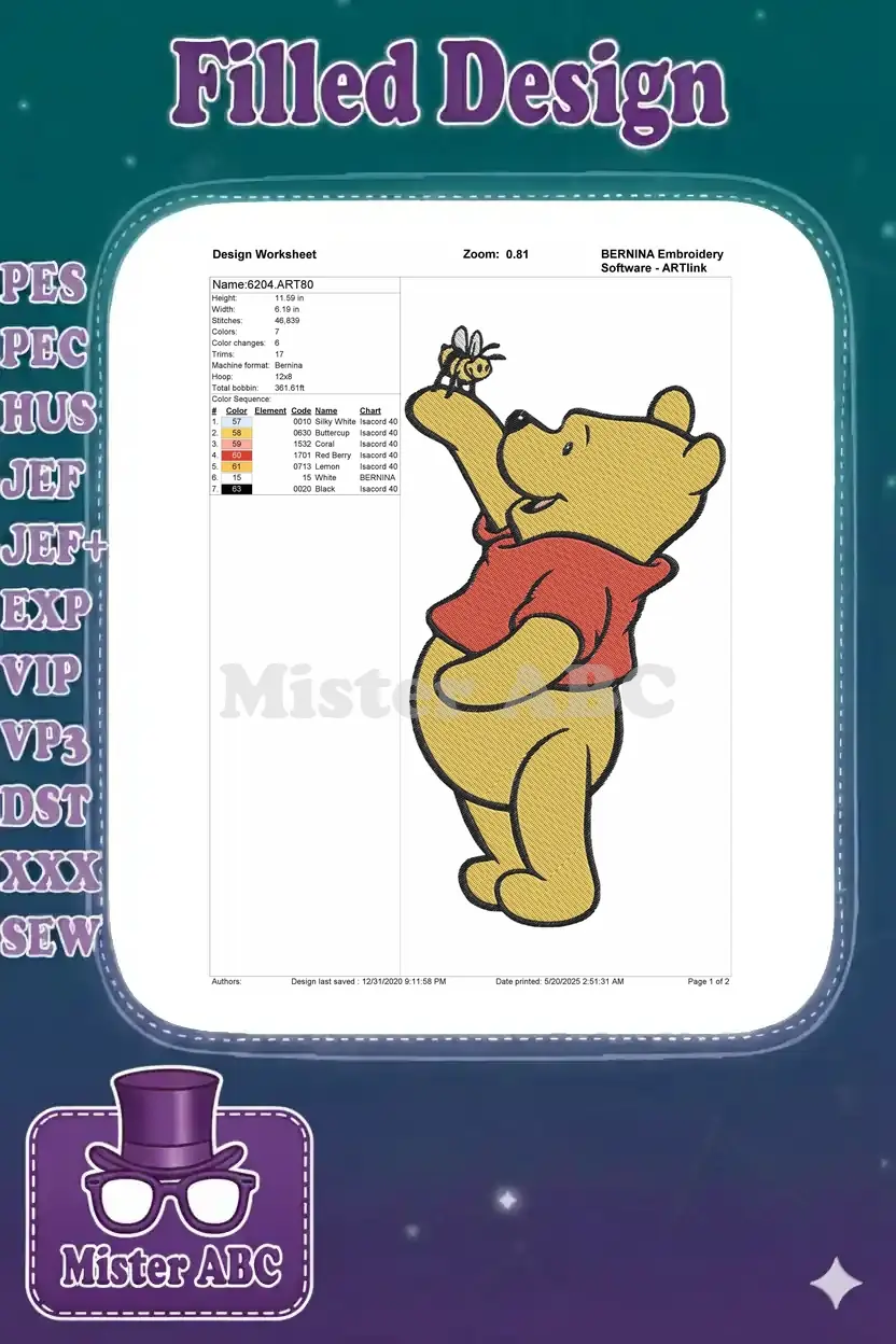 Embroidery design worksheet for Winnie the Pooh, showing dimensions, stitch count, colors, and machine details.