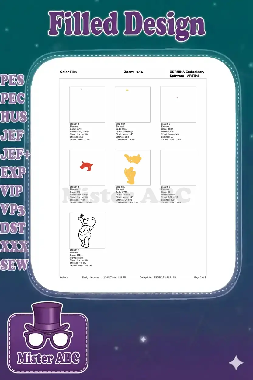 Color film breakdown for Winnie the Pooh embroidery, showing individual color stops and their respective stitch counts.