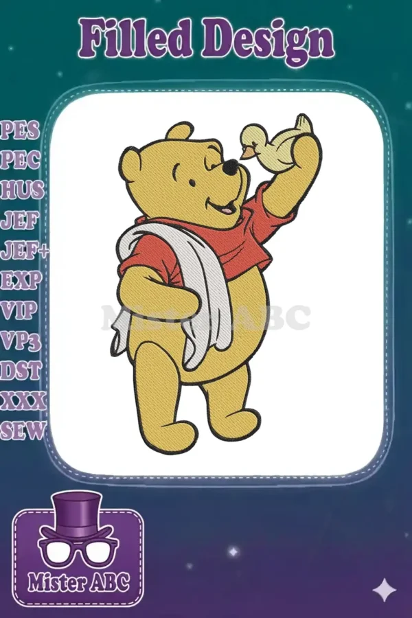 Delightful Winnie the Pooh embroidery design featuring Pooh Bear holding a cute yellow duckling, perfect for children's items.