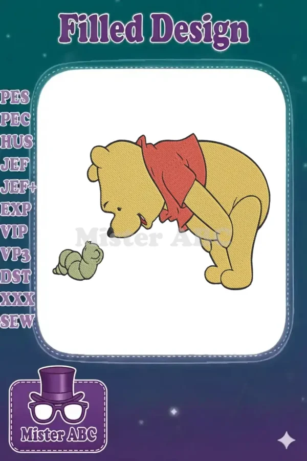 Winnie the Pooh bending down curiously to observe a small green caterpillar, an iconic Disney embroidery design.