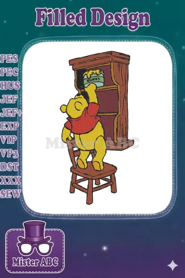 Winnie the Pooh standing on a wooden chair, stretching to reach a 'HUNNY' pot on a high shelf.