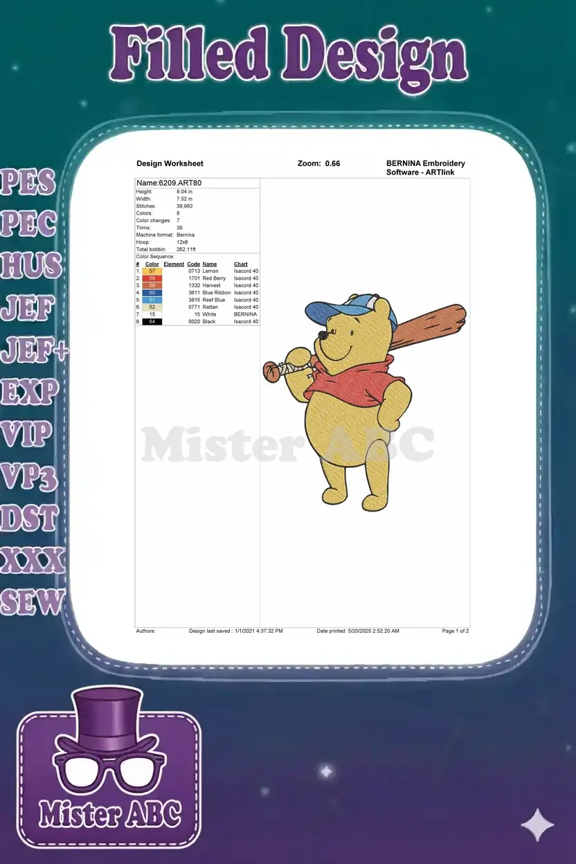 Embroidery design worksheet for Winnie the Pooh baseball, showing technical specs like size, stitches, and colors.