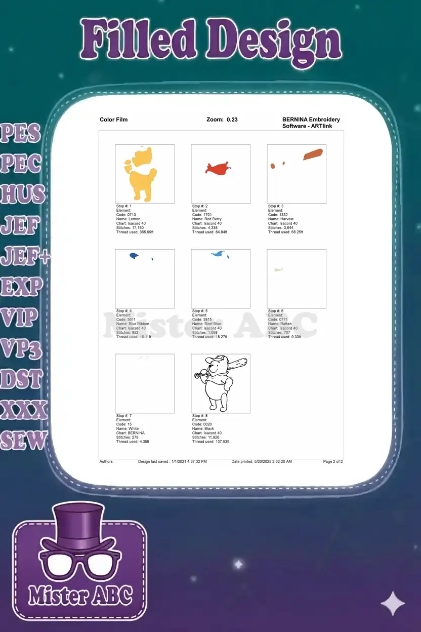 Color film breakdown for Winnie the Pooh baseball embroidery, showing individual color elements and stitch stops.