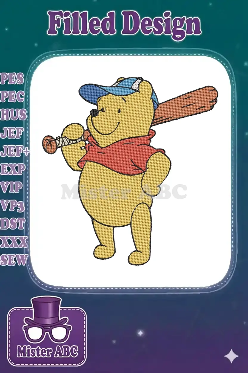 Winnie the Pooh in a baseball cap holding a bat, ready to play, a fun and detailed embroidery design.