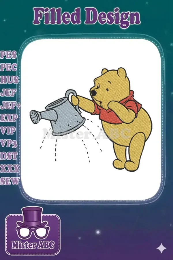 Winnie the Pooh embroidery design showing him cheerfully watering with a grey can, vibrant and detailed.