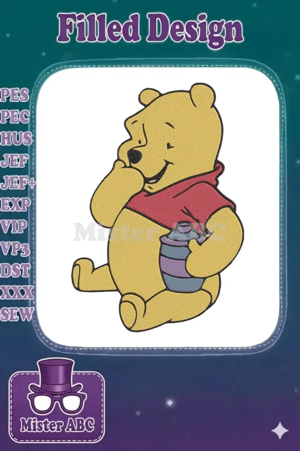 Classic Winnie the Pooh embroidery design, sitting happily and holding a honey pot, rendered with detailed stitches.