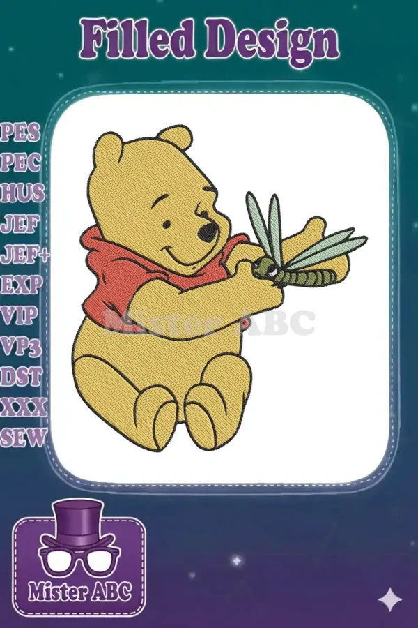 A cheerful Winnie the Pooh with a dragonfly, detailed in vibrant yellow and red embroidery on a white background.
