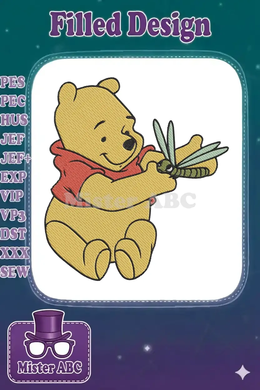 A cheerful Winnie the Pooh with a dragonfly, detailed in vibrant yellow and red embroidery on a white background.