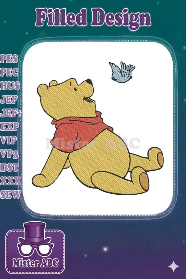 Winnie the Pooh sitting down, looking up at a small blue bird flying above him, on a white background. Classic character.