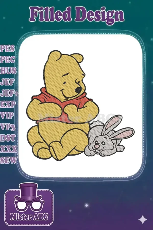 Adorable embroidery design of Winnie the Pooh sitting beside a happy Rabbit, ready to bring joy to your crafts and apparel.