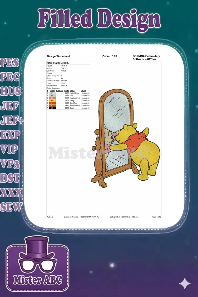 Embroidery design worksheet for Winnie the Pooh mirror, showing dimensions, stitch count, and color sequence.
