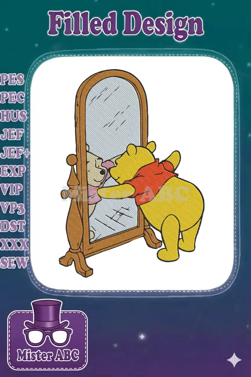 Winnie the Pooh embroidery design featuring Pooh bear in his red shirt looking at his reflection in a mirror.