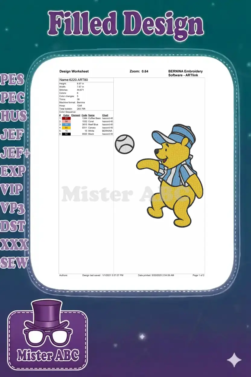A detailed embroidery design worksheet for Winnie the Pooh playing baseball, showing dimensions, stitch count, and color sequence.