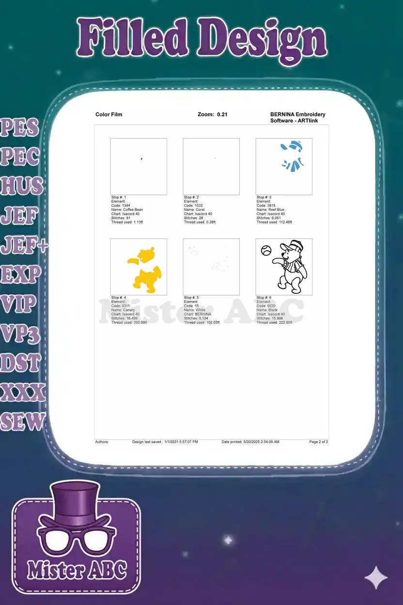 Embroidery color film showing the stitch-out sequence for the Winnie the Pooh baseball design, step-by-step.