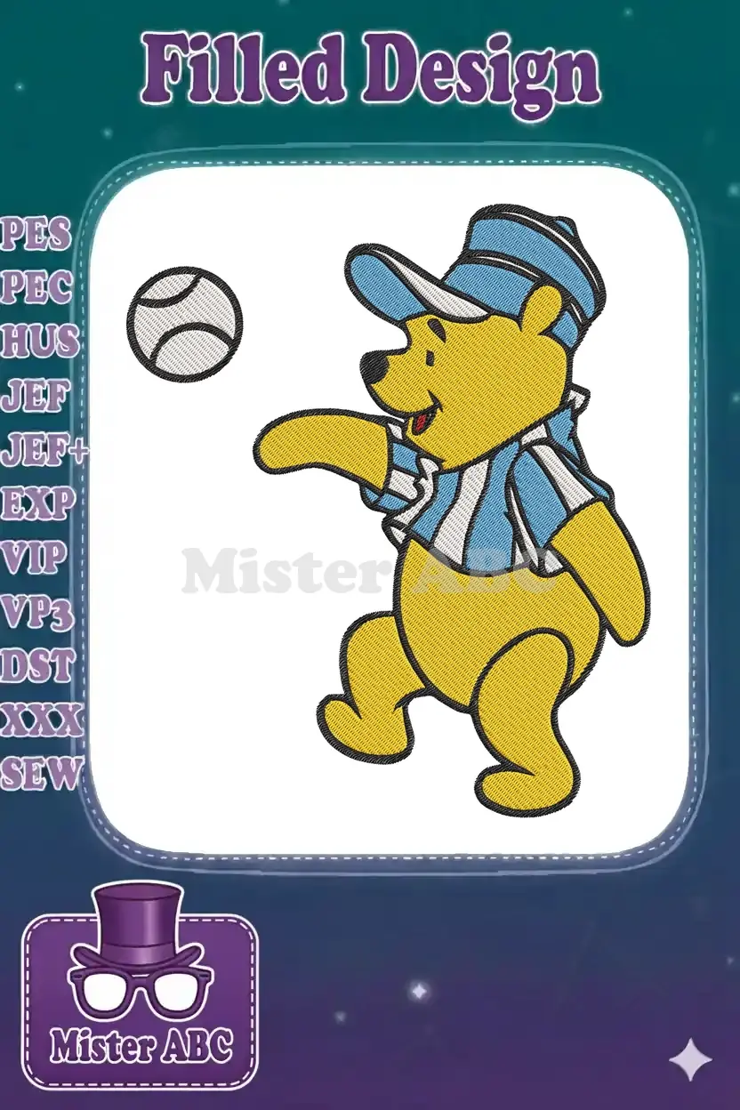 Winnie the Pooh in a blue and white striped shirt and blue cap, joyfully kicking a baseball.