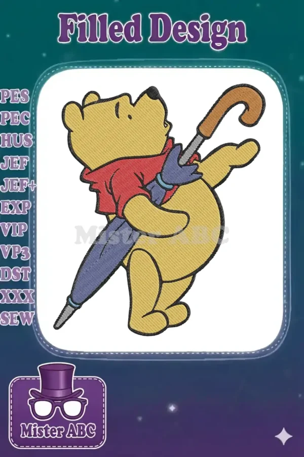 Vibrant Winnie the Pooh embroidery design with a blue umbrella and red shirt, showcasing detailed satin and fill stitches.