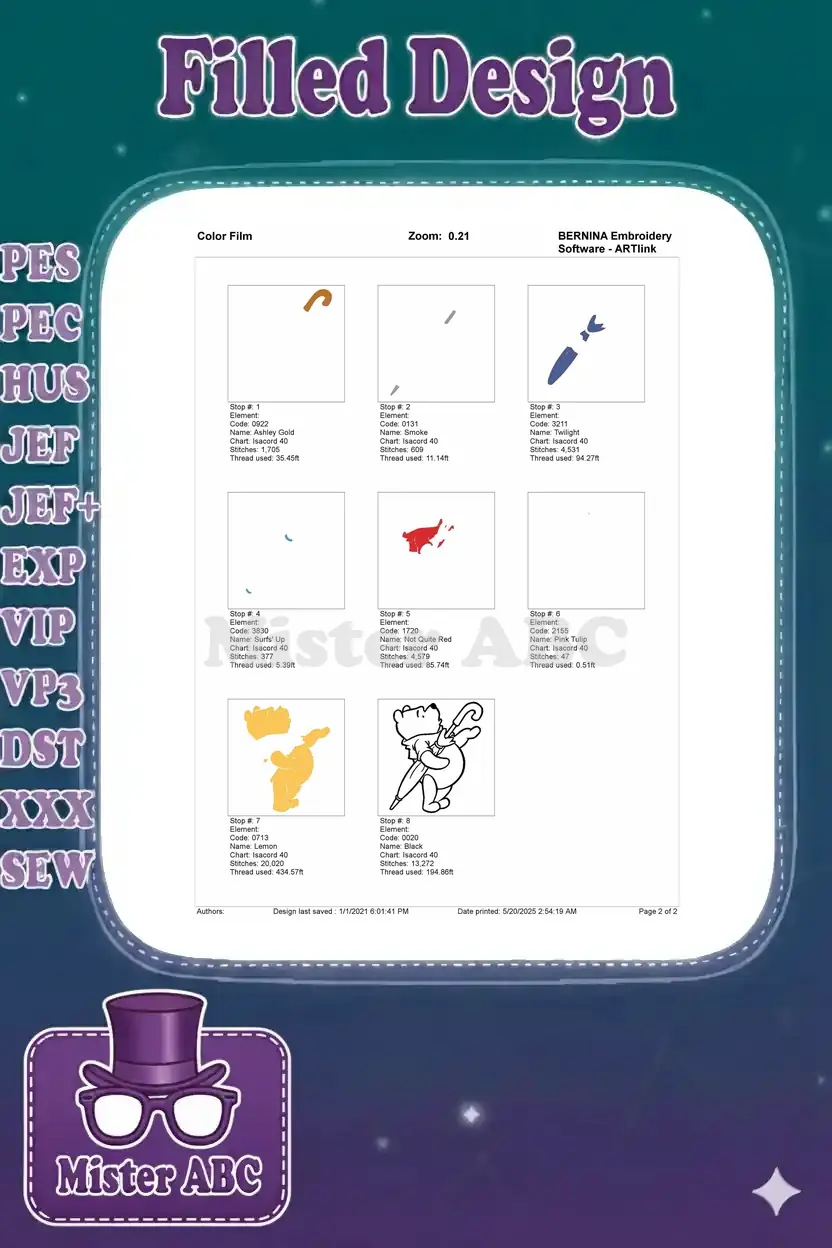 Color film breakdown of Winnie the Pooh embroidery, illustrating each stitch stop and color application sequence.