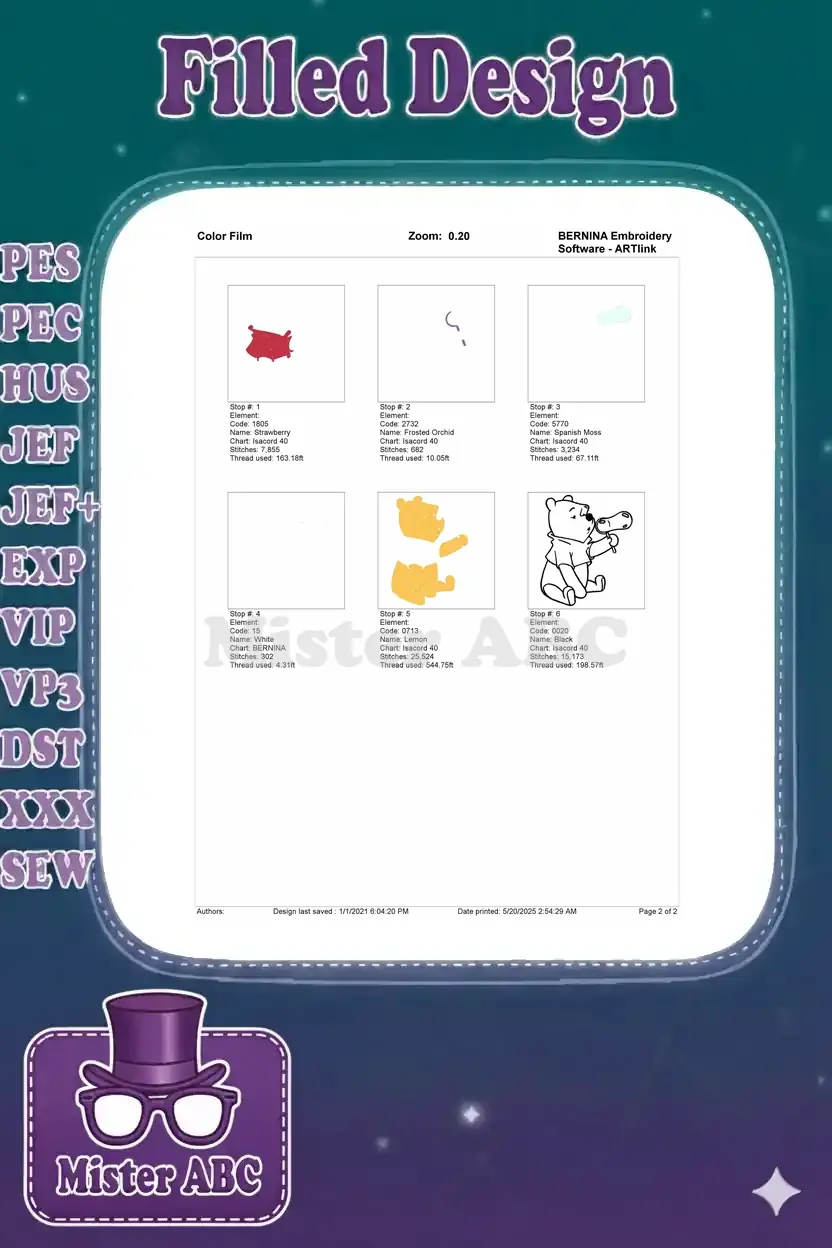 Color film breakdown of the Winnie the Pooh embroidery, showing each individual color element and stitching order.