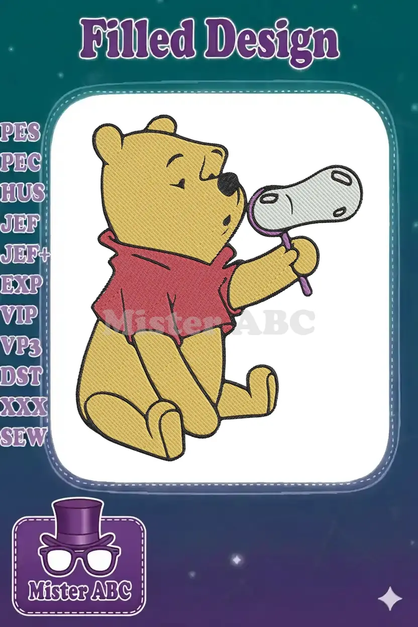 Winnie the Pooh embroidery design, sitting and blowing bubbles with a wand. Features vibrant colors and detailed stitching.